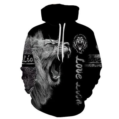 China Anti-wrinkle fashion hot-selling men's casual 3D printed wild lion custom made sweatshirts and oversized men's lion animal hoodies for sale