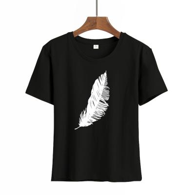 China 2021 Casual Feather Printing Anti-wrinkle T-shirt Women Fashion O-Neck Loose Shorts Sheath Elastic Stretched Summer Home Custom T-shirt for sale