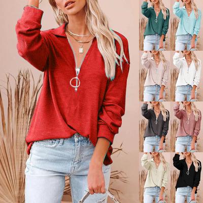 China 2021 Solid Color Autumn Fashion Loose Long Sleeve Anti-wrinkle T-shirt With Zipper Autumn Winter Tops Ladies Women Tops For Women 2021 for sale