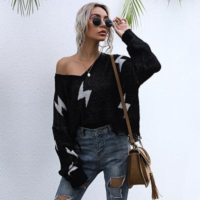 China Anti-wrinkle new fashion lady long sleeve printed star women clothing one shoulder stylish sweater pullovers knitted sweater women's sweater for sale