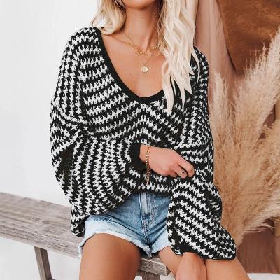 China Anti-pilling autumn and winter Amazon the new sweater striped women's V-neck temperament sweater women's knitted sweater women's sweaters for sale