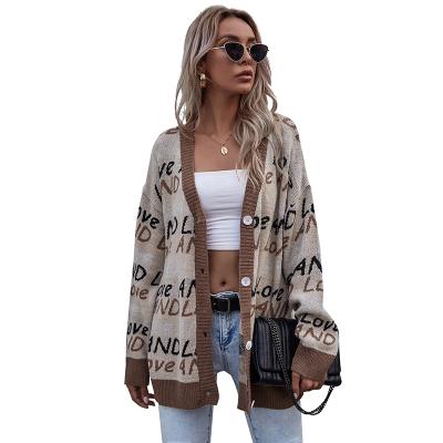 China Anti-Wrinkle 2021 New Fashion Ins Style Style Trend Autumn Winter V-Neck Letters Sheath Long Knitted Sweater Coats Women's Cardigans For Women for sale