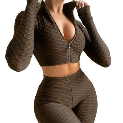 China 2021 QUICK DRY fashion women girdles long set women yoga sports suit pineapple grid fitness clothing top sportswear two piece set for sale