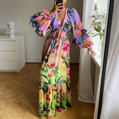 China Anti-wrinkle new product new product gradient color dress factory edge large floral print large size women dress long for sale