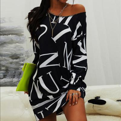 China Breathable Spring And Autumn Long Sleeve Fashion Letter Printed Round Neck Casual Loose Dresses Women Dress Formal Dress 2021 for sale