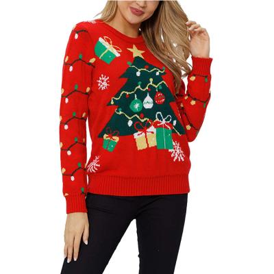 China Anti-pilling Jacquard Pattern Knitted Christmas Sweater 14GG Round Neck Women for sale