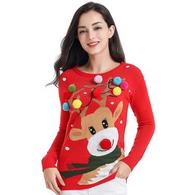 China Anti-pilling Jacquard Pattern Knitted Christmas Sweater 12GG Round Neck Women for sale