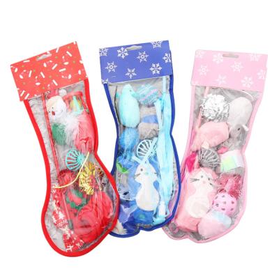 China Popular Funny Cat Stick Bell Ball and Sock Christmas Pet Cat Plush Chew Toy Set for sale