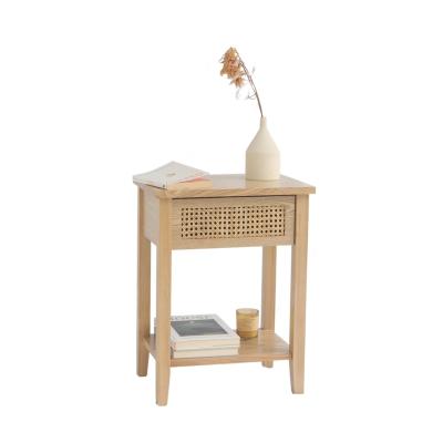 China Home Furniture Assembled Nightstand Bedside Table Series Wood and 1 Rattan Drawer Side Table with Metal Frame Storage Natural Color for sale