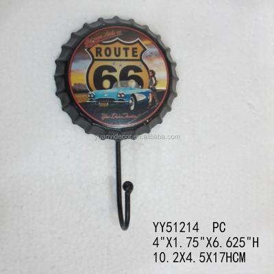 China Route 66 beer hat single viable antique metal wall hook, factory cheap metal hook for sale