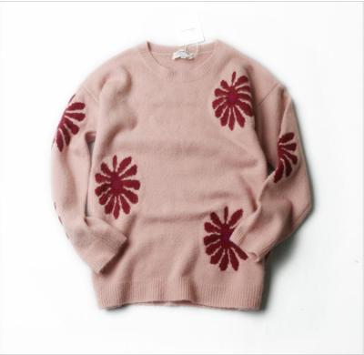 China Anti-pilling pink 100% combed cotton intarsia crewneck sweater for women winter tops for sale