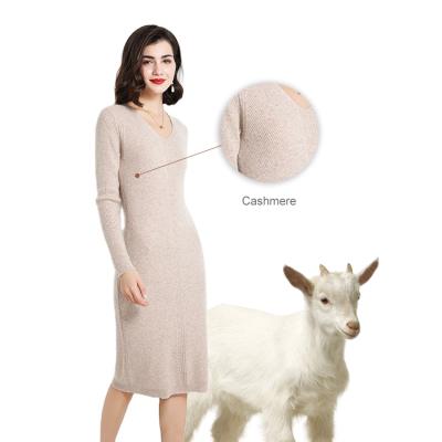 China Casual Dress 30% Cashmere Shirt Long V-Neck Dress Popular Design Anti-wrinkle Long Sleeve Design Spring And Summer Knitted For Styling 70% Wool Lady Women for sale