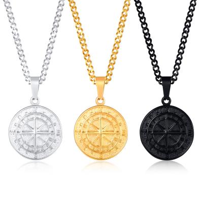 China Wholesale Men's Vintage Cinmo Stainless Steel Compass Hip Hop Necklace Jewelry Gold Coin Pendant Compass Men for sale