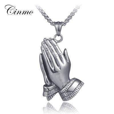 China Vintage Cinmo Jewelry Double Hand Prayer Pendant Necklace Exquisite 316L Stainless Steel Holy Necklaces For Women Men Charm Gift for sale