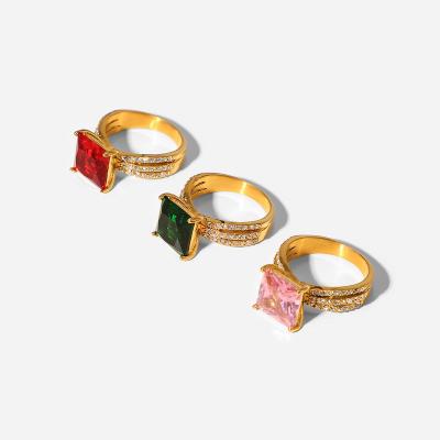 China Classic Titanium Steel Ring 18K Gold Plated Stainless Steel Square Red/Green/Pink Zircon Ring Women for sale