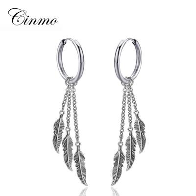 China Cinmo Jewelry Three Feathers Fashionable Tassel Dangle Earrings Korean 316L Stainless Steel Long Chain Clip On Earring For Women Men for sale