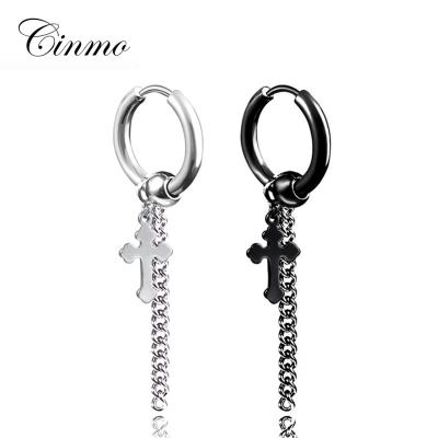 China Cinmo Jewelry Lace Cross 316L Stainless Steel Cute Circle Earrings Shape Long Chain Dangle Clip On Earring For Women Men Gift for sale