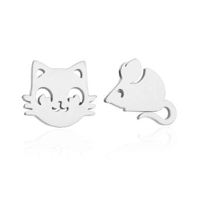 China FASHIONABLE Cute Simple Cute Stainless Steel Cat and Cat Asymmetrical Mouse Earrings Small Animal Friends for sale