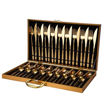 China 24/48 Piece Bulk Gold Color 304 Stainless Steel Flatware Viable High End Set With Wooden Box For Wedding Gift for sale