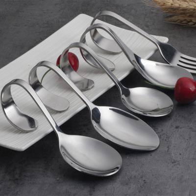 China Hot Sale 304 Stainless Steel Disposable Soup Spoon Hanging Tasting Curved Handle Serving Spoon for sale