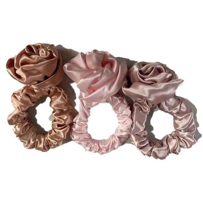 China Fashion Rose Flower Handmade Hair Accessories High Quality Satin Silk Hair Scrunchies For Women Hair Bands Tied for sale