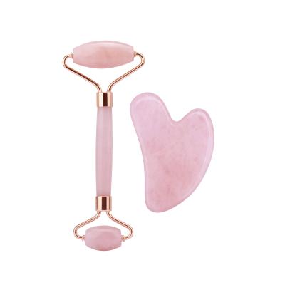 China Anti-puffiness Pink Jade Roller Massager Gua Sha Rose Quartz Roller Vibrating For Face Roller With Gua Sha Box for sale