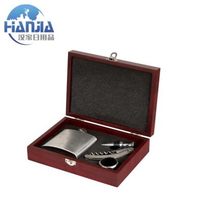 China Good Quality Promotional Gifts Wooden Box Corkscrew Wine Opener Set With Stainless Steel Hip Flask for sale