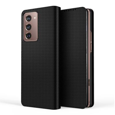 China Business Fashion For Samsung Galaxy Z Fold 2 Flip Case Carbon Fiber Leather Vegan Z Fold 2 Vehicle Magnetic Bracket Shockproof Cover for sale