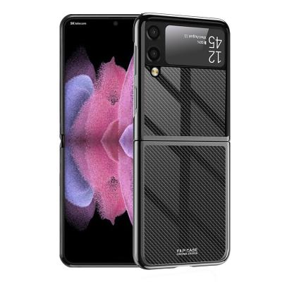 China Anti-drop Carbon Fiber Texture Tempered Glass Case For Samsung Galaxy Z Flip 3 Case 5G Plating Hard Glass View Cover For Galaxy Z Flip3 for sale