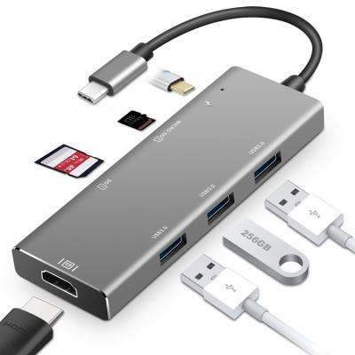 China Aluminum Alloy Usb C Hub 7 In 1 , Type C Hub Adapter With 3USB3.0+Type C+SD/TF Card For MacBook Pro for sale