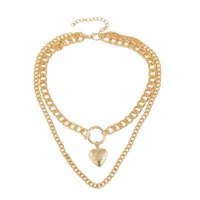 China FASHIONABLE Exaggerated Multi Layer Chain Choker Thick Double Heart Pendant Gold Plated Necklace Women for sale