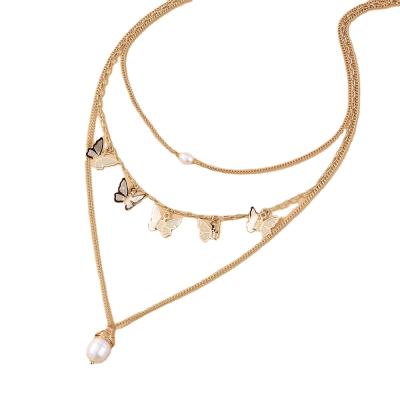 China Fashionable Pearl Titanium Steel Natural Stone Pendant Butterfly Diamond Accessories Woman Multilayer Chain Necklace for sale