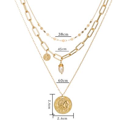 China New FASHIONABLE Wholesale Multilayer Gold Plated Chain Pearl Big Coin Pendant Necklace Beautiful for sale