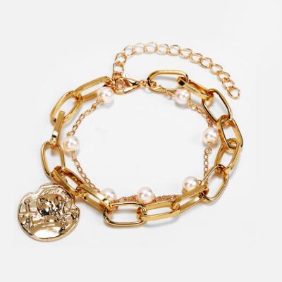 China TRENDY Gold Plated Double Bead Metal Punk Heart Coin Pendant Charm Bracelet for sale