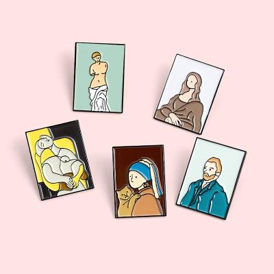 China ALLOY Cartoon Enamel Brooch Mona Lisa Vincent Van Gogh Oil Painting Plating Black Alloy Badge for sale