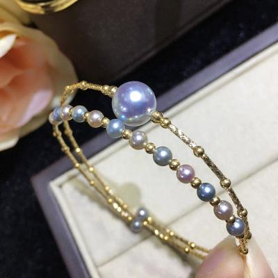 China 2021 Real Gold Thick Trendy Trendy Gray Color 18K Gold 3-9mm Akoya Pearls Natural Bracelet For Women for sale