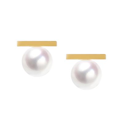 China Factory Wholesale Elegant Women's 18K Yellow Gold Bar Akoya Cultured Pearl Stud Earrings for sale