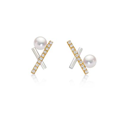 China Elegant Women's 18K Gold Natural Tasty Akoya Pearl Stud Earrings and Diamond Earrings Crisis Cross Geometric for sale