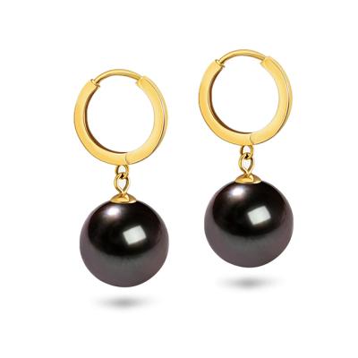 China Wholesale Elegant Women's Tahitian 18K Yellow Gold 8-9mm Pearl Circle Black Drop Earrings Free Shipping for sale