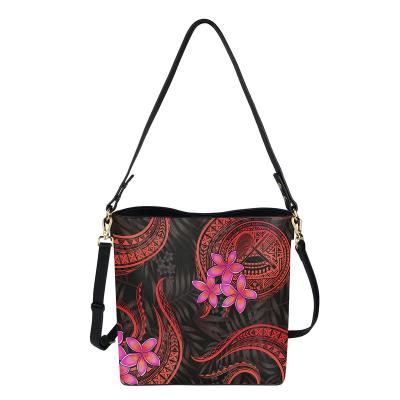 China 2021 New Wholesale Tribal Polynesian Print Women Brown American Samoa Shoulder Bags Lightweight PU Leather Bucket Handbags Brand Designs for sale