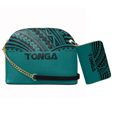 China Light Green Tonga Polynesian Tribal Design Print 2Pcs Women Set Shoulder Bags With Credit Card Bags PU Leather Chain Cross Body Bags for sale