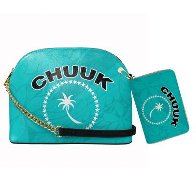 China Chuuk Print 2Pcs Set Lightweight Green Micronesian Tribal Polynesian Women Custom Cross - Body Shell Chain Bags With Credit Card Bag PU Leather for sale