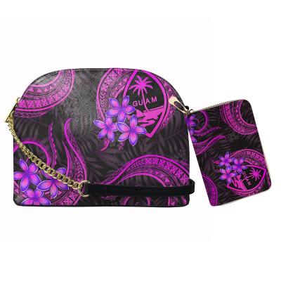 China Guam Light Purple Plumeria Polynesian Tribal Print 2Pcs Women Set Shell Chain Crossbody Bags With Credit Card Bags PU Leather Handbags for sale