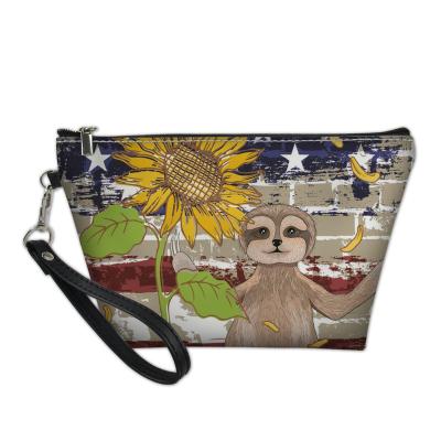 China Small Eco-friendly Leather Cosmetic Bags For Boutique Cute Sloth With USA Flag Sunflower Pattern Zipper High Quality Cosmetics Travel Bag for sale