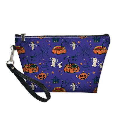 China Customized Eco-Friendly Travel Cosmetics Bag Waterproof Halloween Witch And Pumpkin Printed Blank Leather Zipper Bag Cosmetic Organizer for sale