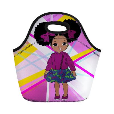 China Large Kids School Lunch Bag Lightweight Cute Black African Cartoon American Girls Printed Kids Durable Lunch Cooler Bag Insulated for sale