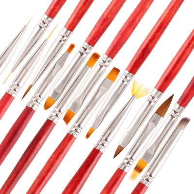 China Kolinsky Pinceles Kolinsky 15Pcs Art Brush Set Wooden Handle Red Wooden Nylon Hair Nail Paint Brush Fingernail Brush Nail Art Brush Set for sale