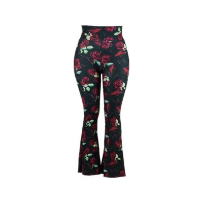 China Custom Swept Super Soft Wide Leg Stretch Tights Anti-Wrinkle Flare Pants Red Rose Flowers Design Bottom Bell Spats for sale