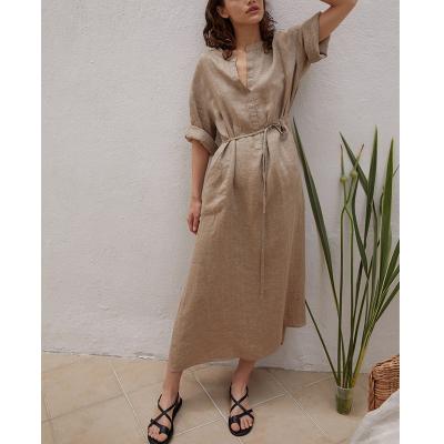 China 2022 stock hotsale canvas dress new summer holiday spring lady temperament seven-cent sleeve dress breathable casual elegant cotton V-collar for sale