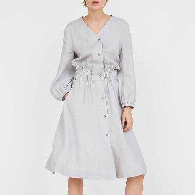 China 2022 Autumn New Arrival Temperament V Collar Dress Cotton Sense Design Breathable Sexy Loose Canvas Long Sleeve Waist Skirt Dress for sale